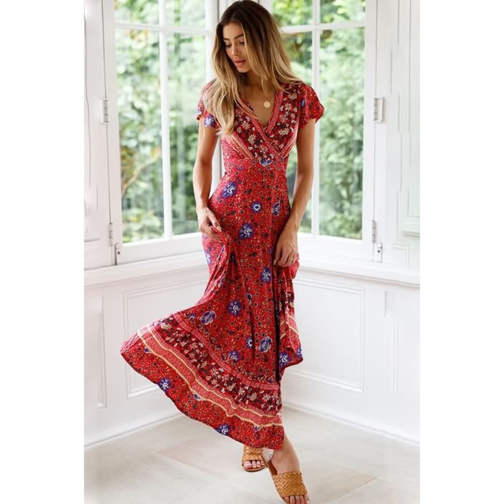 Red Boho Maxi Wrap Dress